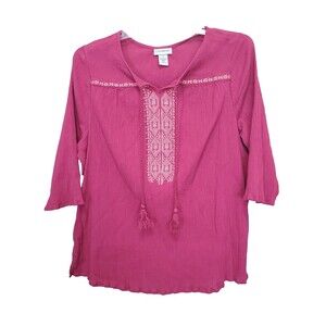Catherines Cotton Red Crinkle Aztec Embroidered Tie-Neck Tasseled Tunic Size 2X